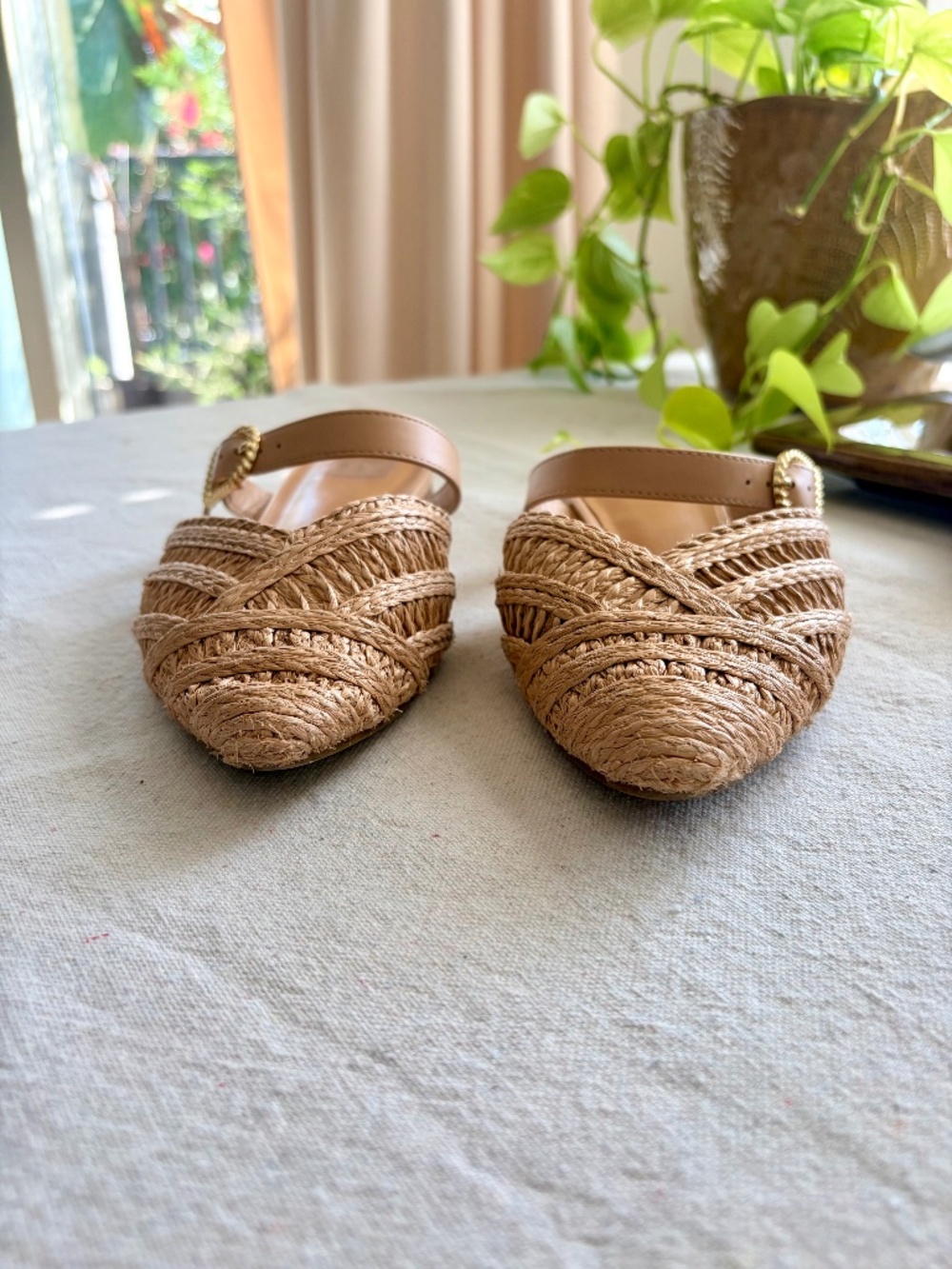 Dolce Vita Neutral Raffia Flat Mules - Picture 4 of 9
